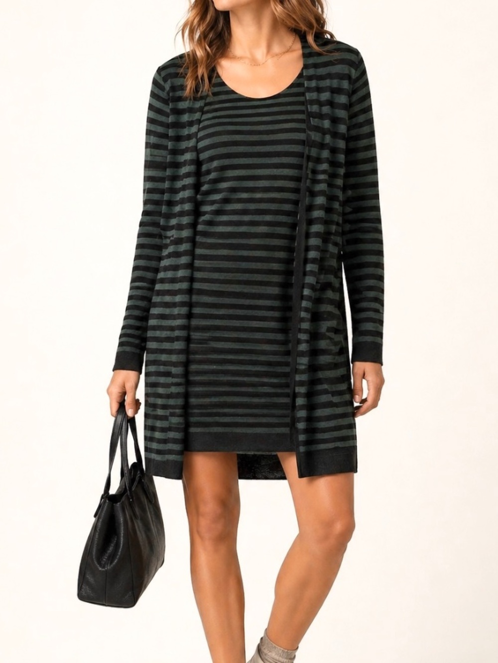 Akris Punto Green and Black Striped Wool  Cardigan Sweater Dress